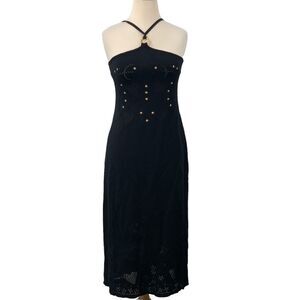 ESCADA Women's Halter Dress Gold Star Stud Eyelet Knit Black Midi Size 38/Medium